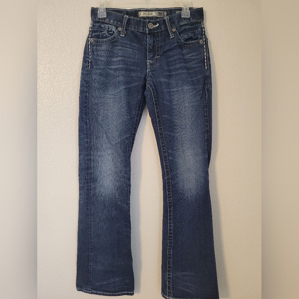 BKE Fulton Bootcut Jeans 27R Medium Wash Distressed Stretch Denim Buckle